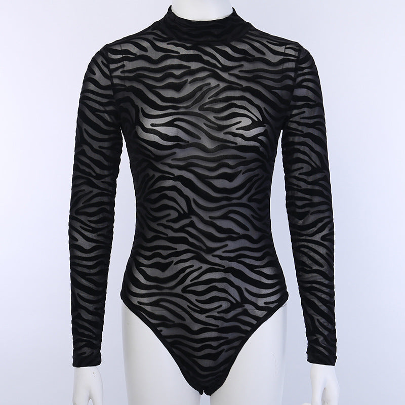 Dame elegant og gennemsigtig langærmet bodysuit med zebra-design Skovae