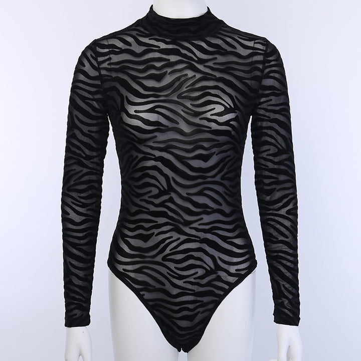 Dame elegant og gennemsigtig langærmet bodysuit med zebra-design Skovae