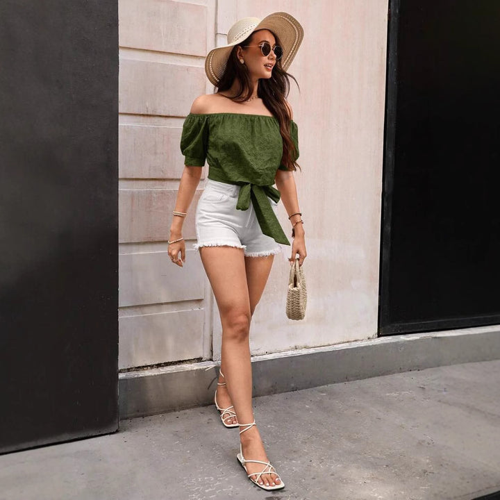 Dame Off-Shoulder Bluse med Talje bælte og Puffærmer Stilla