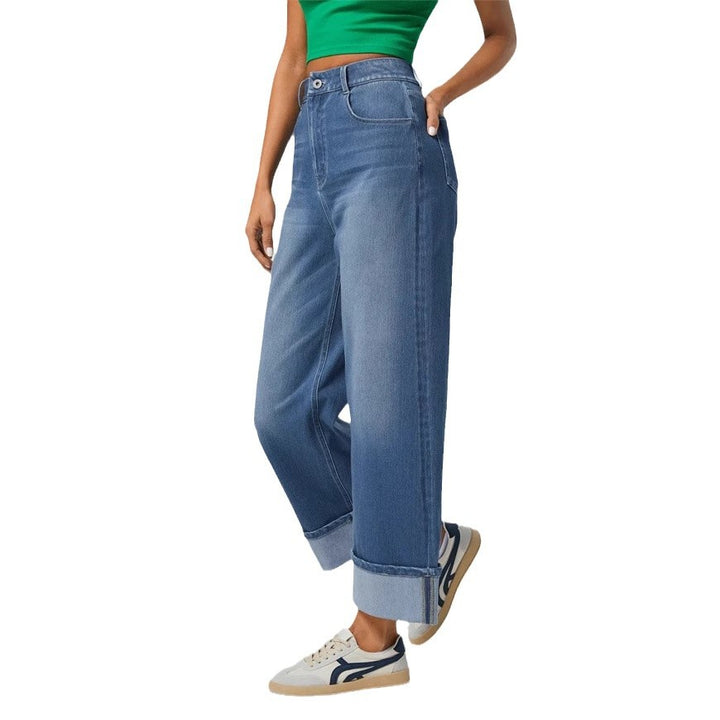 Dame brede jeans med høj talje og buet kant