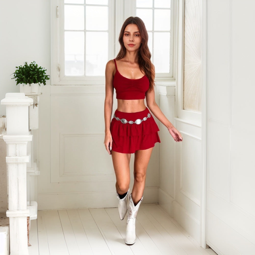 Kvinder Crop Top og Mini Nederdel Sæt med Rynkning og Elastisk Talje Stilla