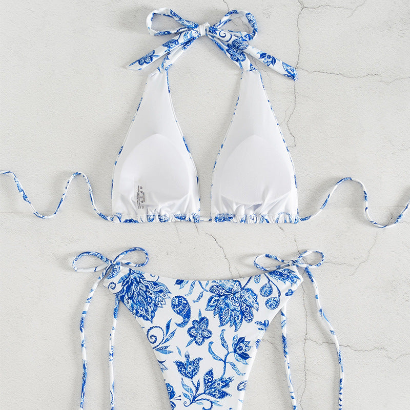 Dame triangel-bikini med blomsterdesign og justerbare bindebånd Skovae