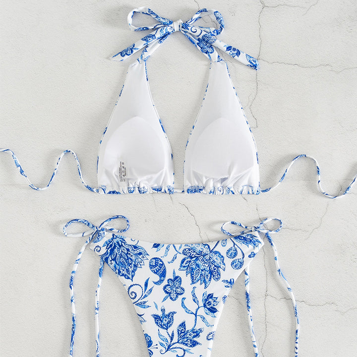 Dame triangel-bikini med blomsterdesign og justerbare bindebånd Skovae