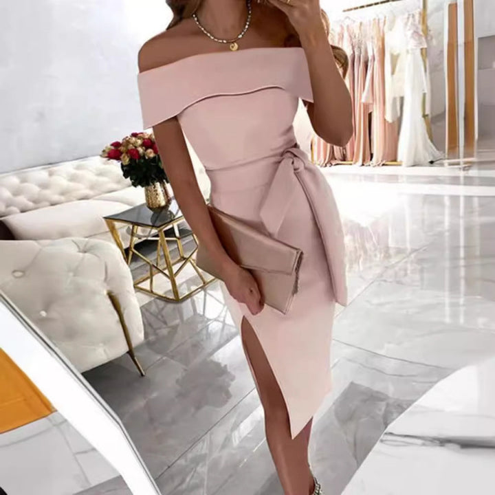 Dame Elegant Off-Shoulder Midi Kjole med Bindebælte Stilla