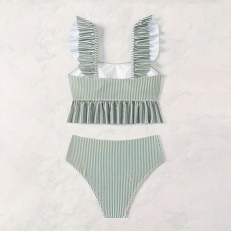 Damer højt skåret bikini-sæt med flæsedesign og stribet mønster Skovae