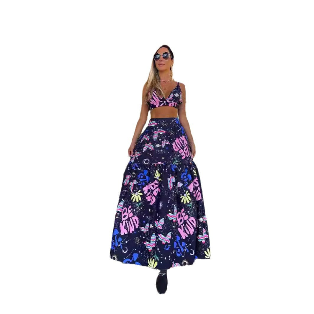 Dame Maxiskørt og Crop Top Ensemble med farverigt print og flydende stof Stilla