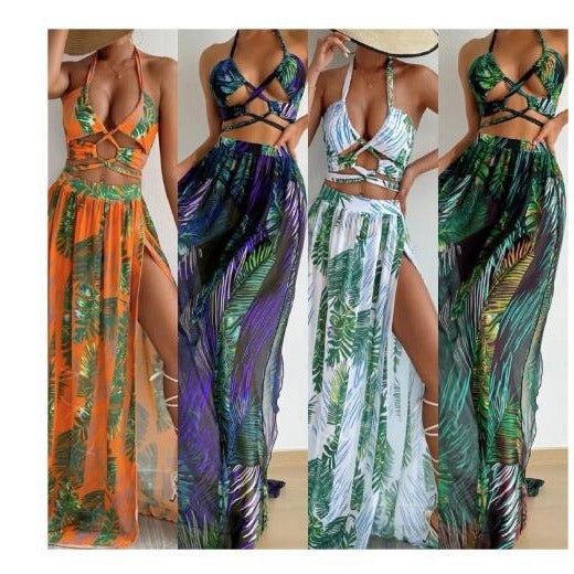 Dame Tropisk Print Maxi Kjole Sæt med Cut-Out Top Stilla