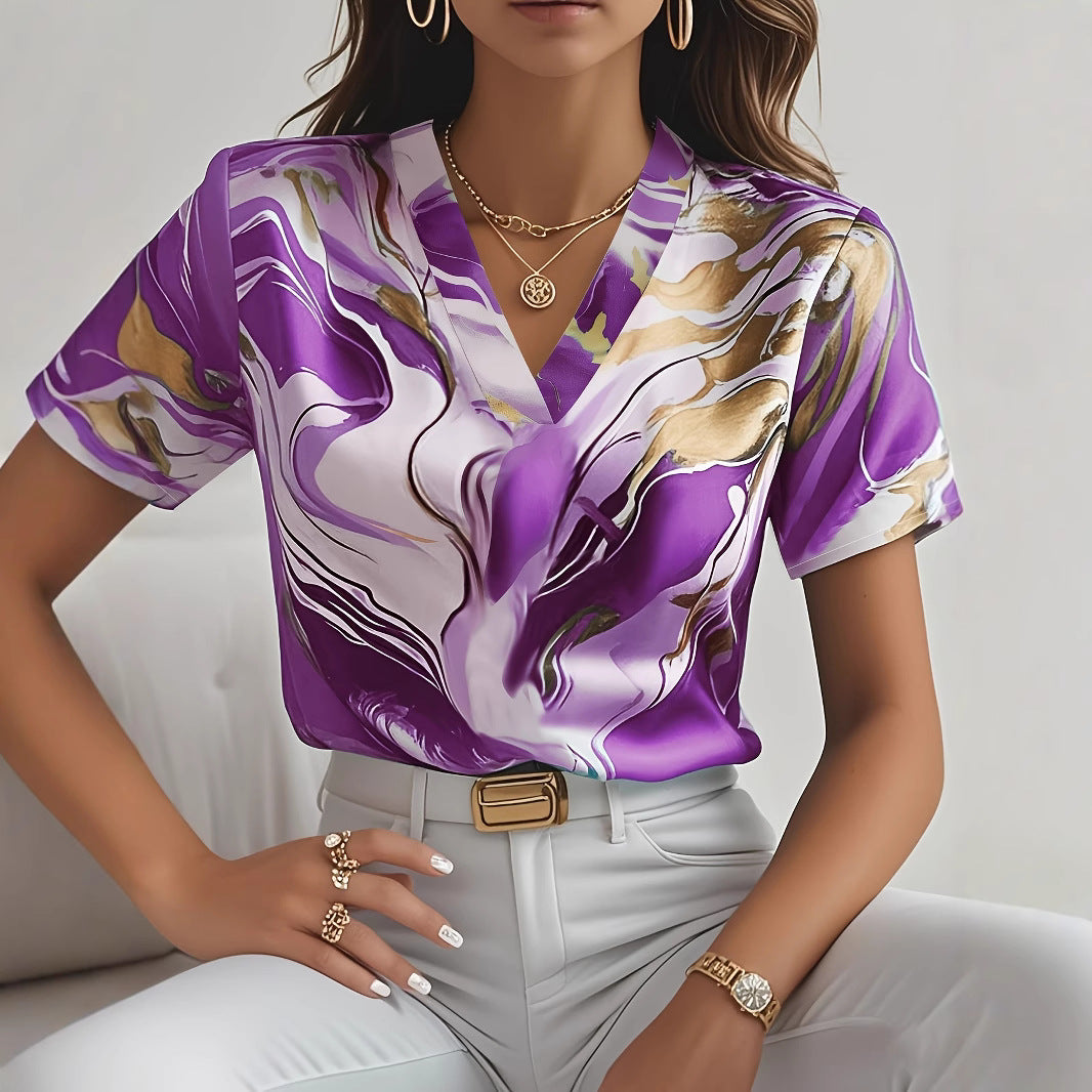 Dame Viskosebluse med elegant Marmor-stil og V-udskæring Stilla
