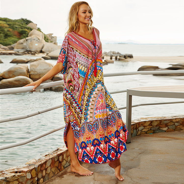 Dame Strandkaftan med farverigt mandala-design og vid snit Stilla