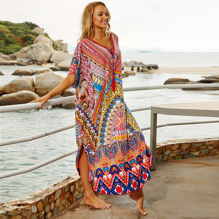 Dame Strandkaftan med farverigt mandala-design og vid snit Stilla