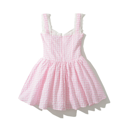 Femme Gingham A-linje kjole med spidsdetalje og knapdetalje Stilla