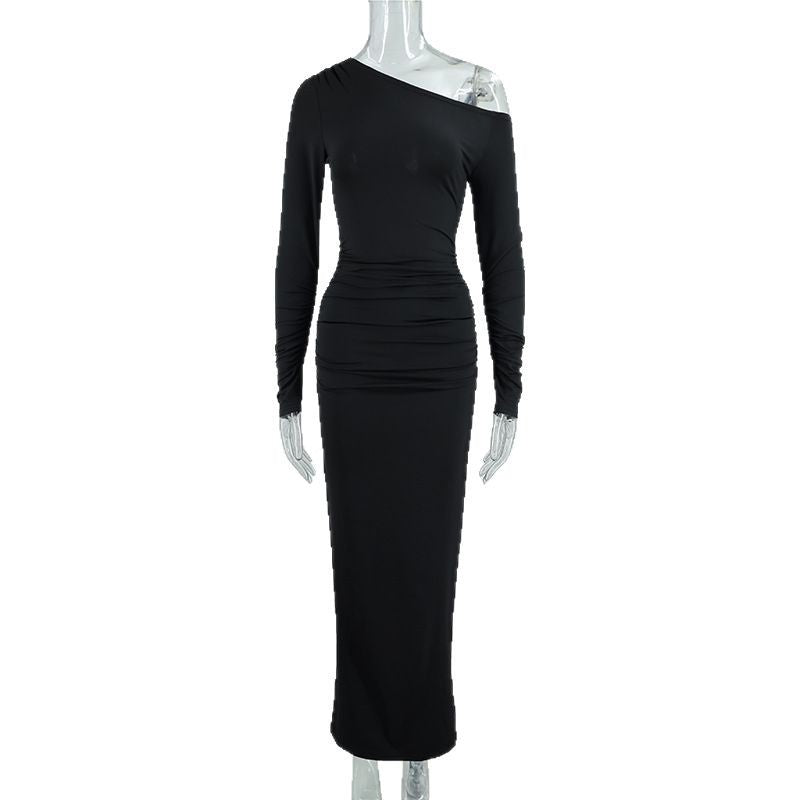 Damer elegant One-Shoulder Maxikjole med figurskænkende rynkning Skovae