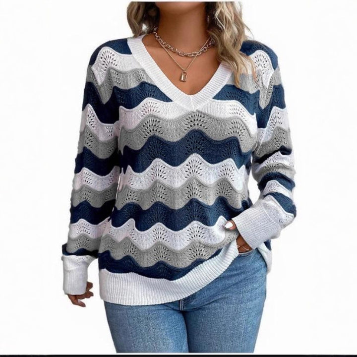Kvinders V-hals sweater med bølgemønster og luftig struktur Stilla