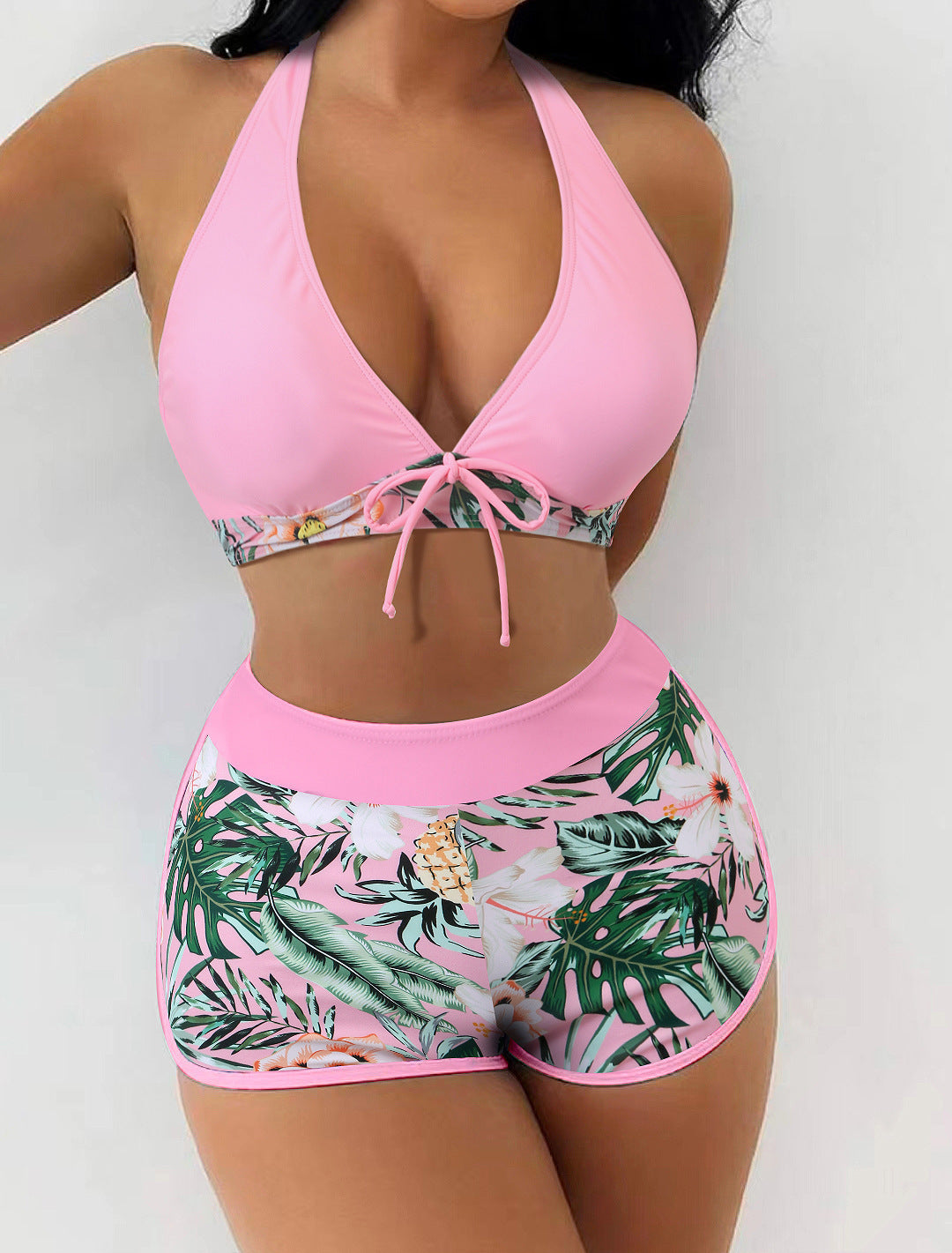 Damernes sporty bikini-sæt med trendy høj talje og blomster mønster Skovae