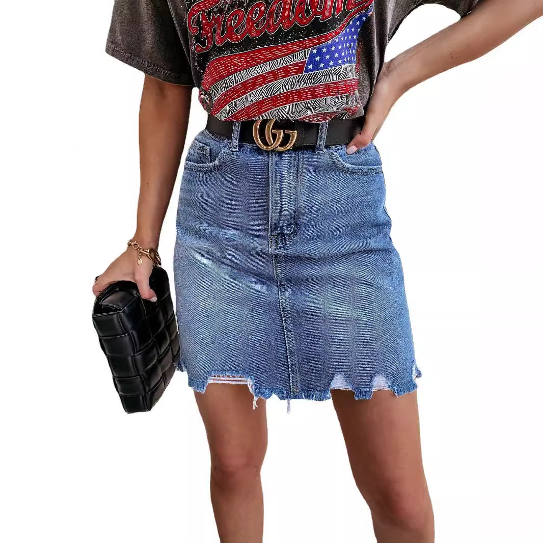 Dame Denim Minirock med frynset kant og taljeret pasform Stilla