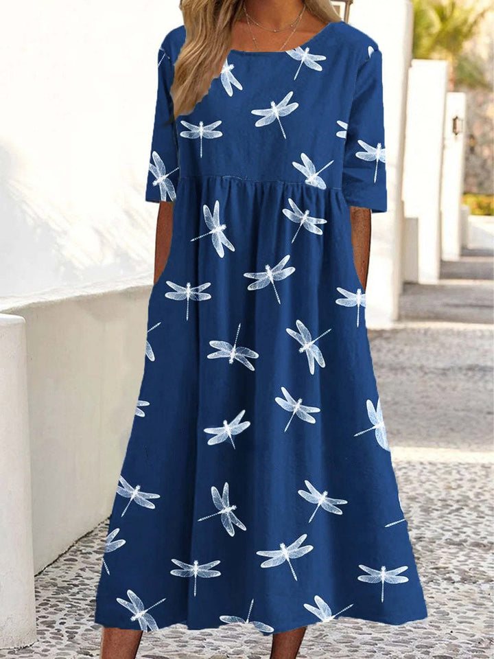 Dame Libellen-Print Midi Kjole Stilla