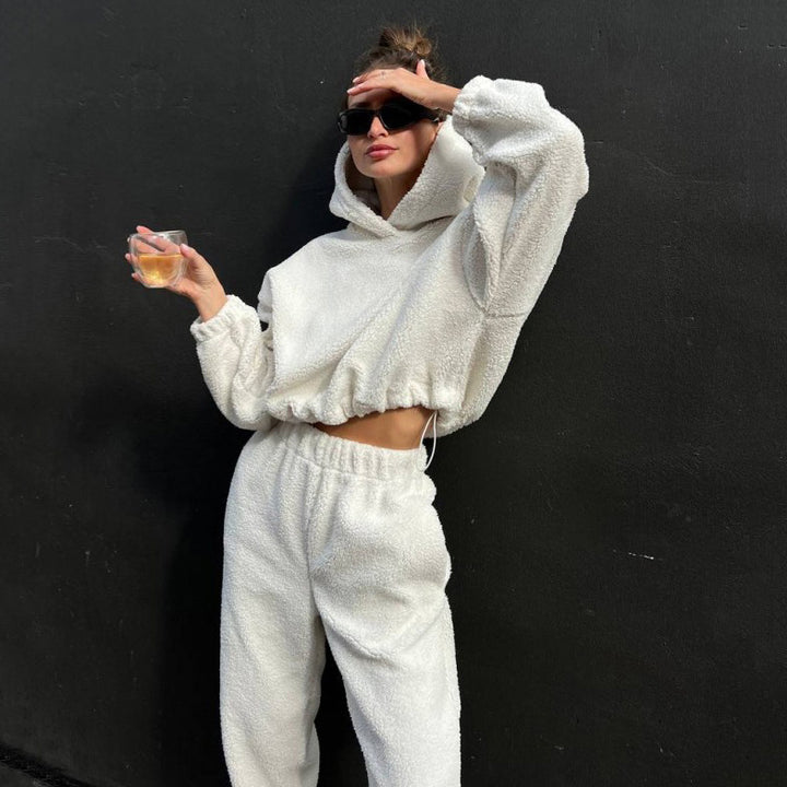 Kvinders fleece lounge wear sæt med elastisk talje og høj krave