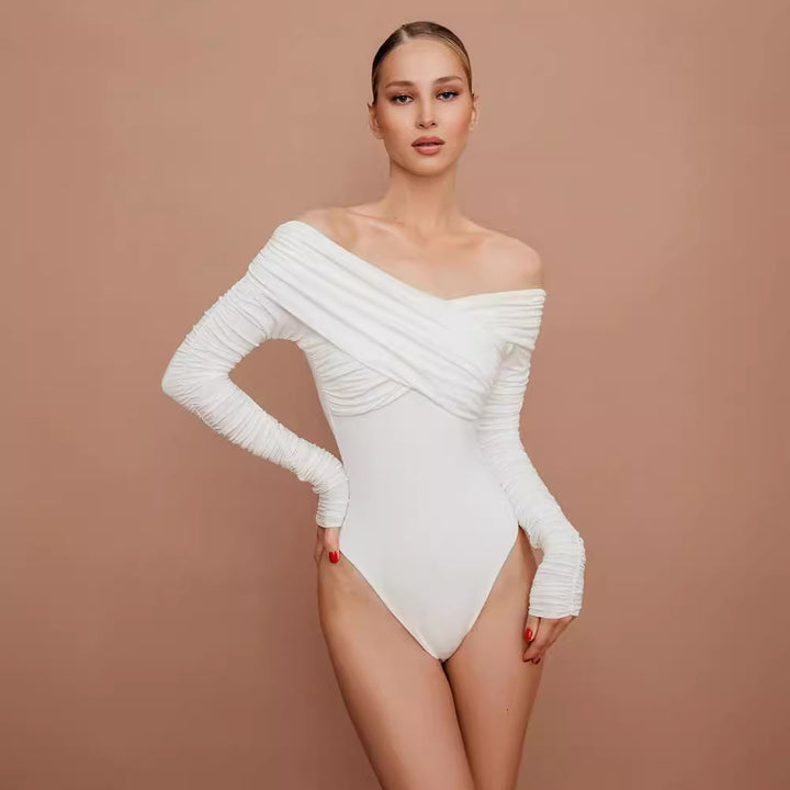 Dame elegant bodystocking med draperet overdel og smalle ærmer Skovae