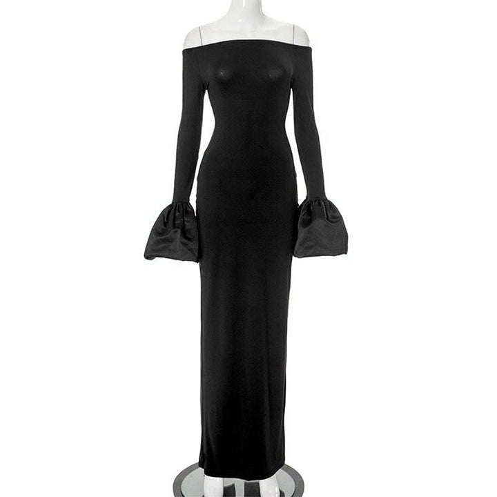 Dame Elegant Langærmet Maxikjole med Off-Shoulder Uddybning og Flæsedetaljer Skovae