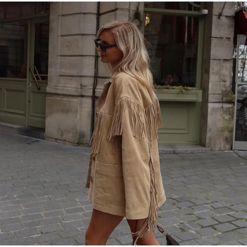 Dame Mode Suede Jakke med Frynser Stilla