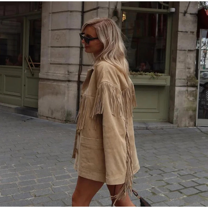 Dame Mode Suede Jakke med Frynser Stilla