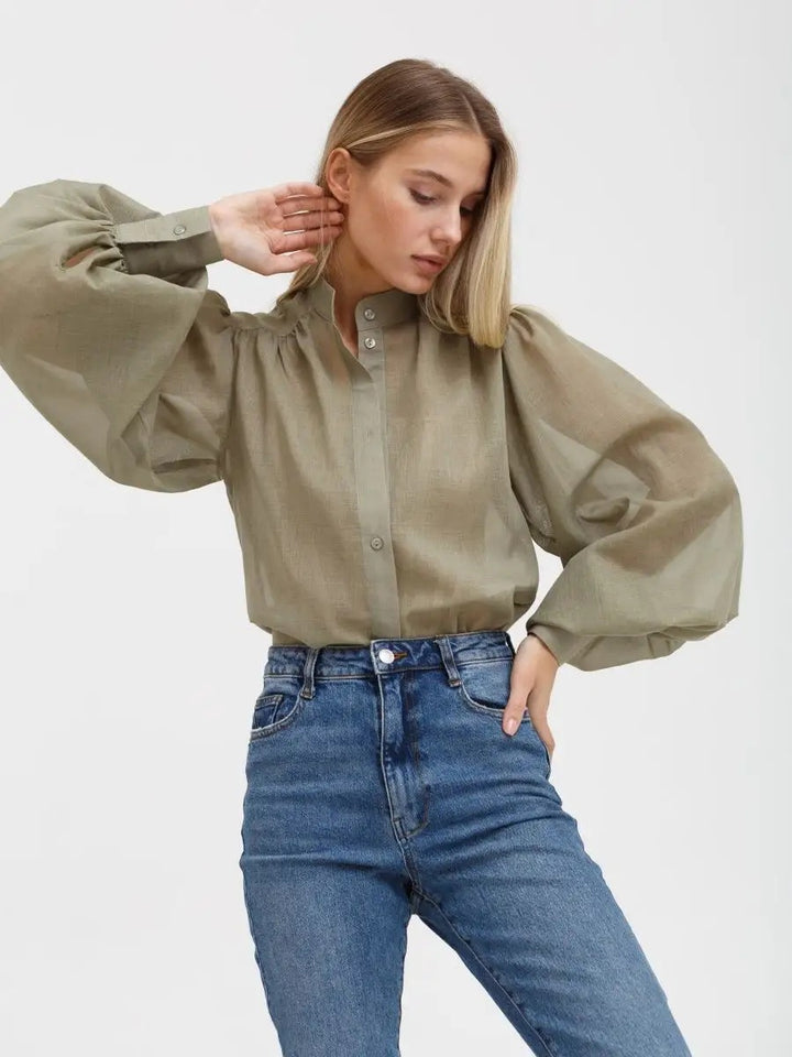 Damer Elegant Bluse med voluminøse Puffærmer og gennemsigtigt Stof Stilla
