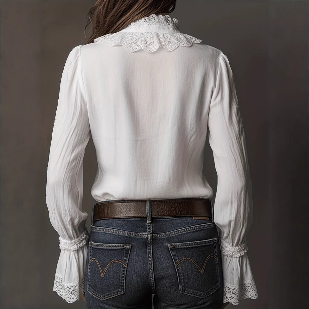 Dame elegant blouse med flæsedetaljer og blondebesætning Skovae
