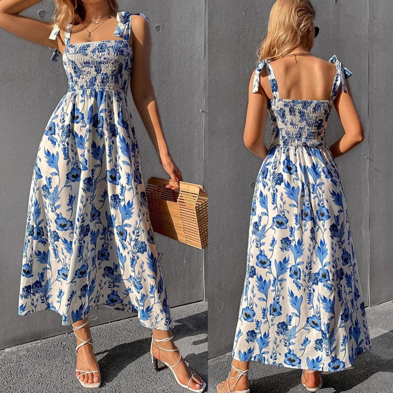 Dame maxikjole med blomsterdesign og elastisk overdel Stilla
