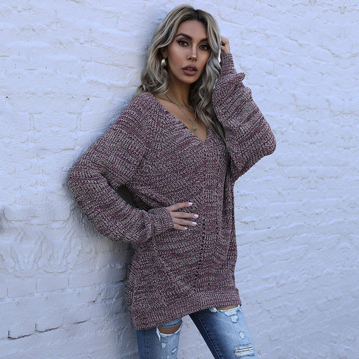 Dame Oversized Pullover med V-hals og strukturmønster Stilla