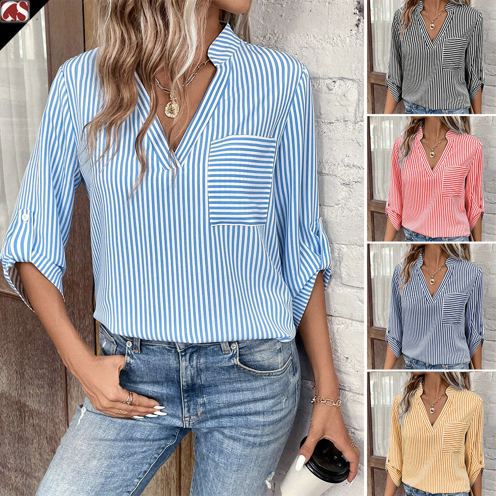 Dame elegant stribet bluse med V-udskæring og brystlomme Stilla