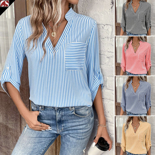 Dame elegant stribet bluse med V-udskæring og brystlomme Stilla