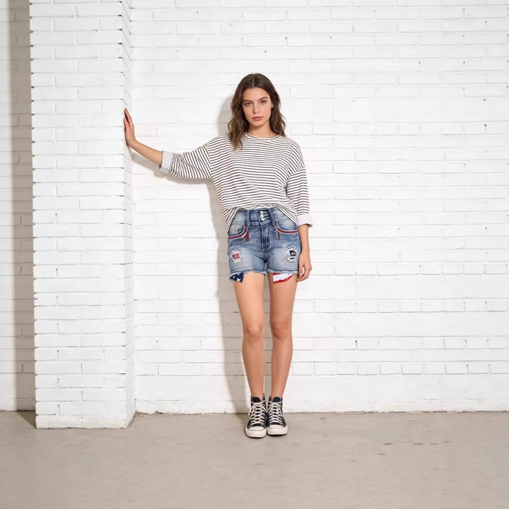 Dame Denim-shorts i vintage-stil med broderede detaljer Skovae