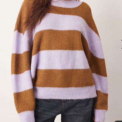 Kvinders oversized strikket sweater med stribet mønster og bred pasform Stilla
