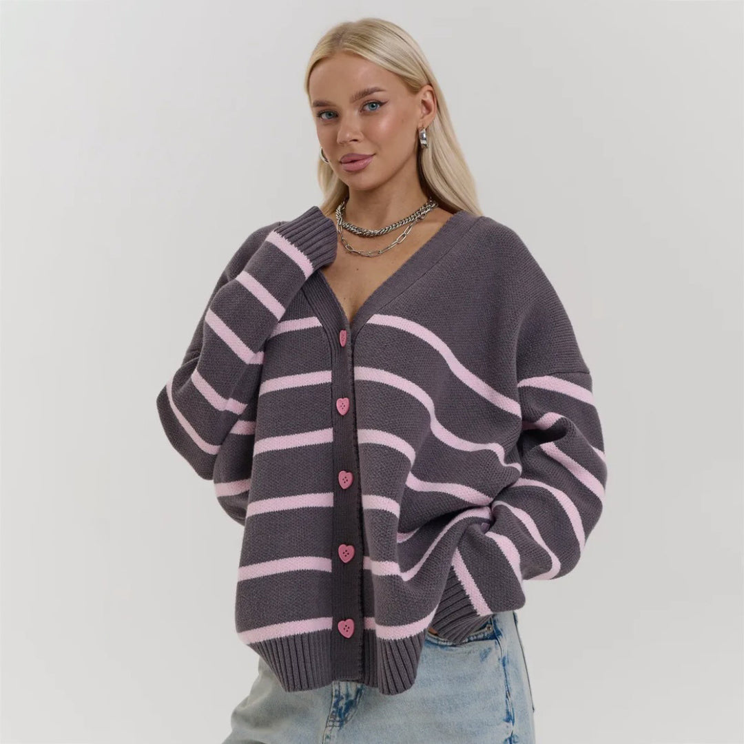 Kvinder chunky strikket cardigan med fine striber Stilla