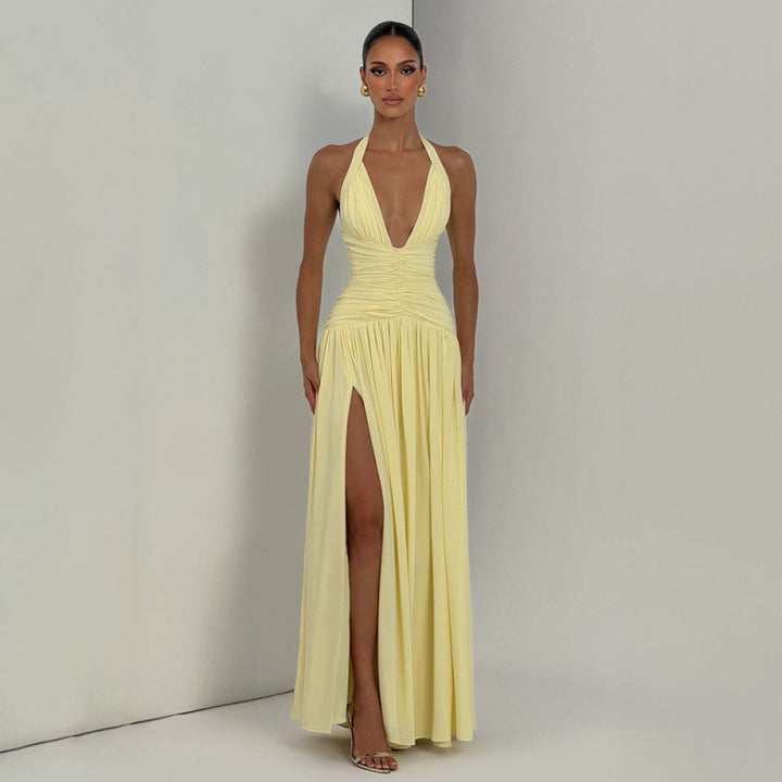 Damen Maxikleid mit tiefem V-Ausschnitt und seitlichem Schlitz Skovae