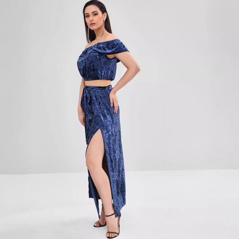 Dame Off-Shoulder Samt To-Delt Sæt Stilla