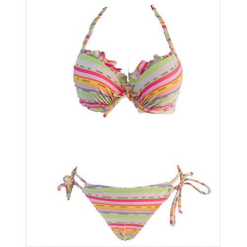 Dame triangel-bikini med legende flæse detalje og farverigt stribemønster Skovae