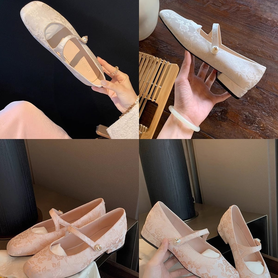Dame Floral Prægning Mary Jane Flats med elegant perleaccent Stilla