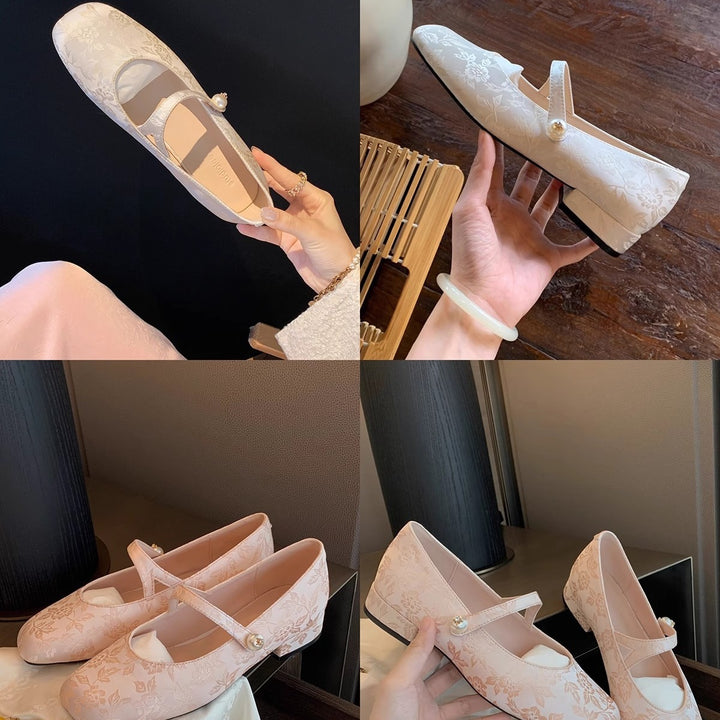 Dame Floral Prægning Mary Jane Flats med elegant perleaccent Stilla