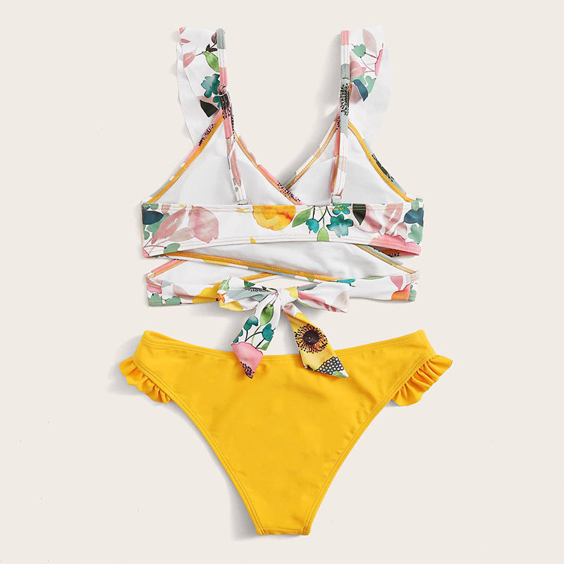 Damebikini-sæt med blomsteret indpakningsoberdel og voluminøs flæsekanter Stilla