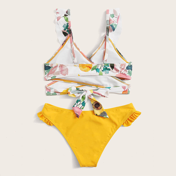 Damer To-delt Blomster-Bikini-Sæt med figursyet top og ruffle trusse Skovae