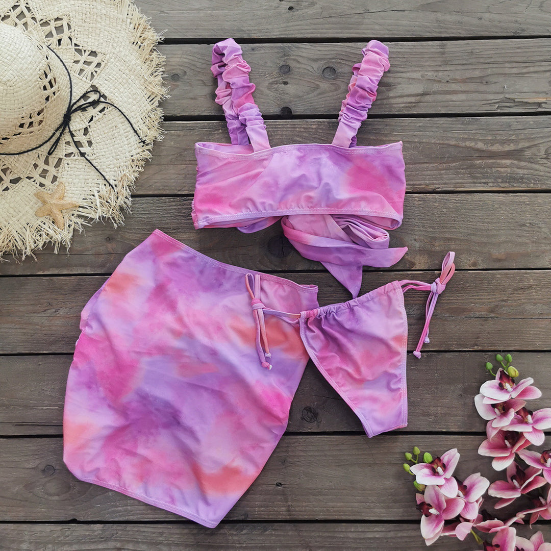 Dame bikini-sæt med blomsterbinding design og asymmetrisk nederdel Stilla