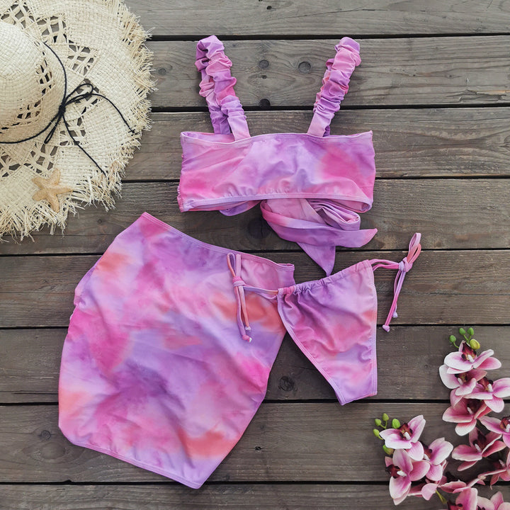 Dame bikini-sæt med blomsterbinding design og asymmetrisk nederdel Stilla