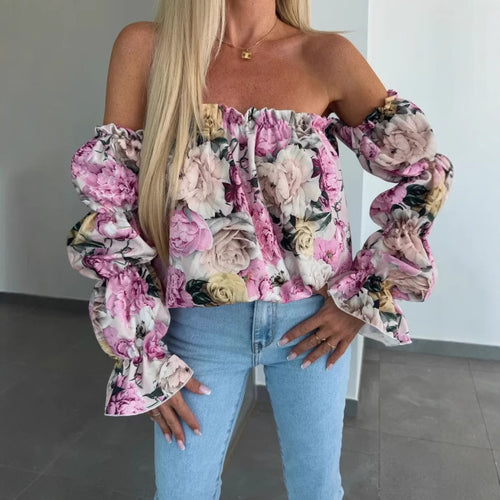 Dame Off-Shoulder Bluse med voluminøse rufflesærmer og floral design Stilla