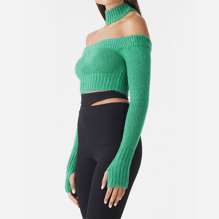 Dame Off-Shoulder Strikpullover med lange ærmer og Cropped-snit Stilla