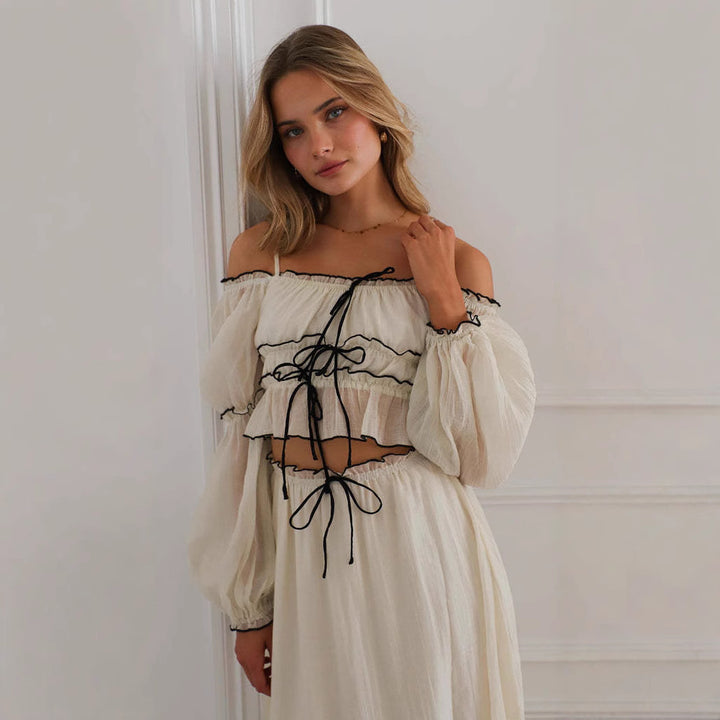 Dame Off-Shoulder Crop-Top med flæsedetaljer og bindebånd Stilla