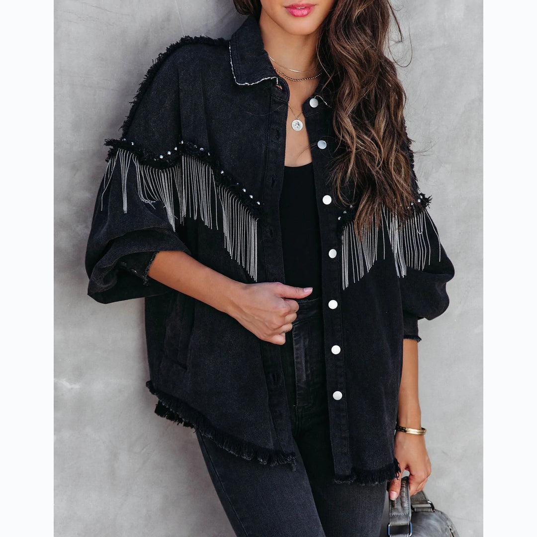 Dame Oversized Denim-Jakke med dekorative frynser og stilfulde perler Stilla