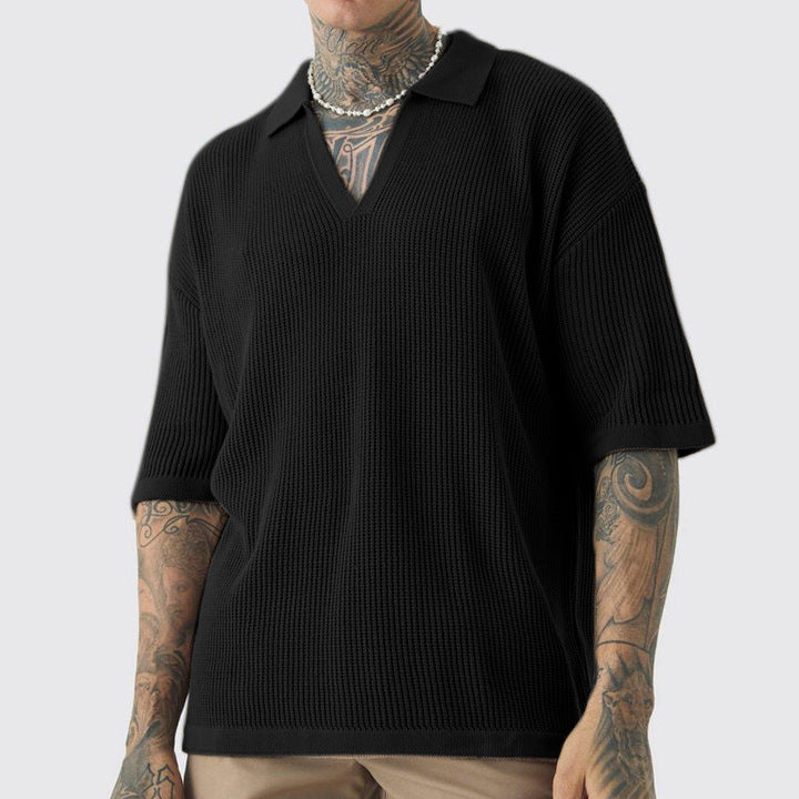 Herrer afslappet strik-T-shirt med V-hals og polo krave Stilla