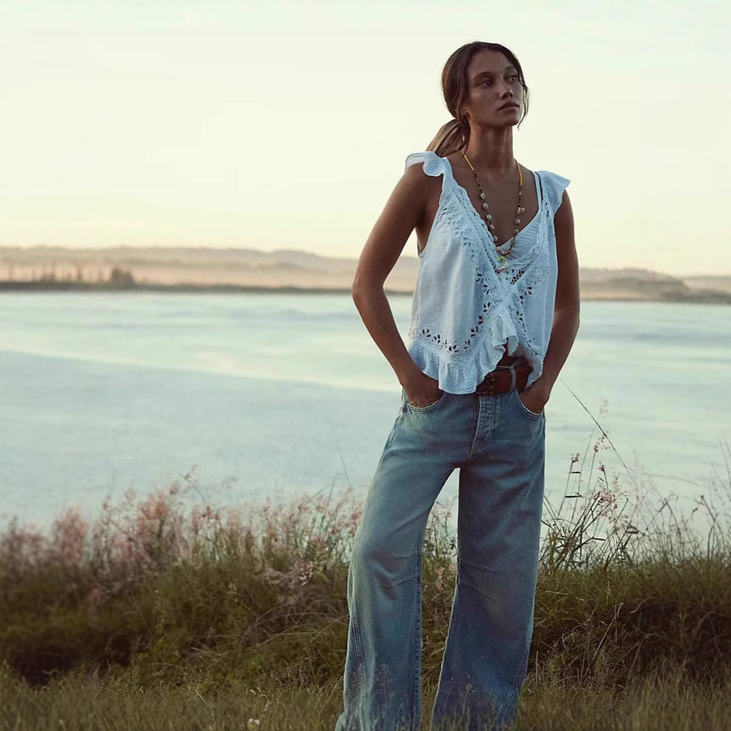 Dame luftig linned-crop-top med flæser Skovae