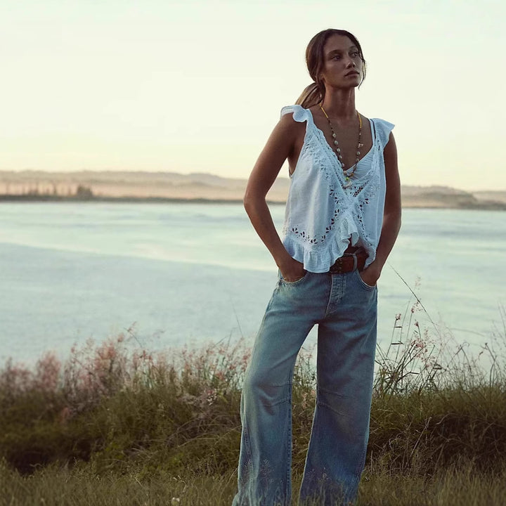 Dame luftig linned-crop-top med flæser Skovae